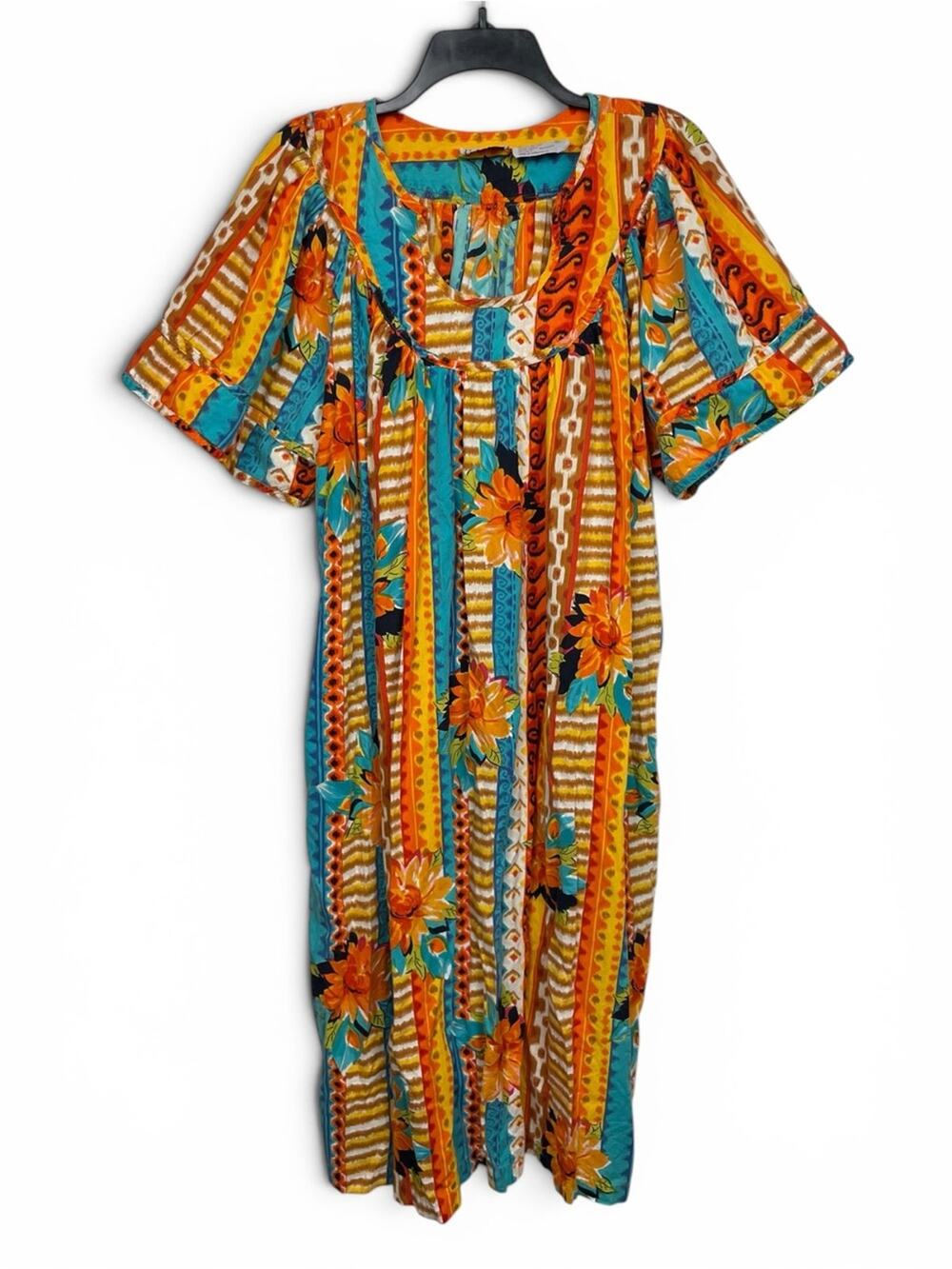 Vintage Phases Vibrant Floral Stripe Maxi Dress in Teal & Mustard 100% cotton XL